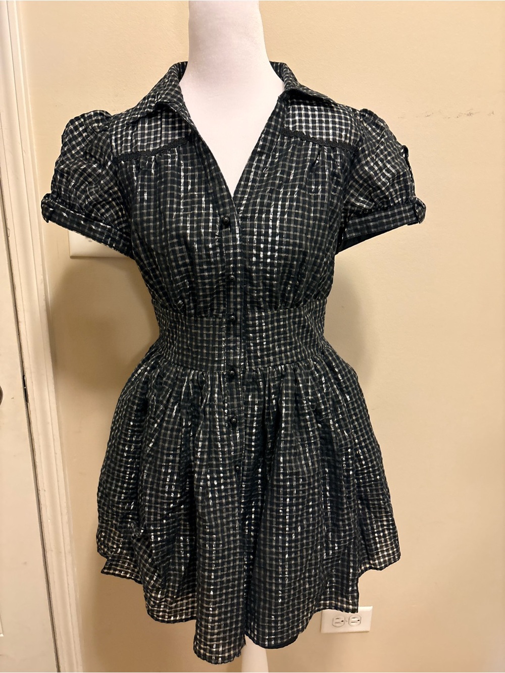 Forever 21 Black and White Checked Short-Sleeve Fit-and-Flare Dress